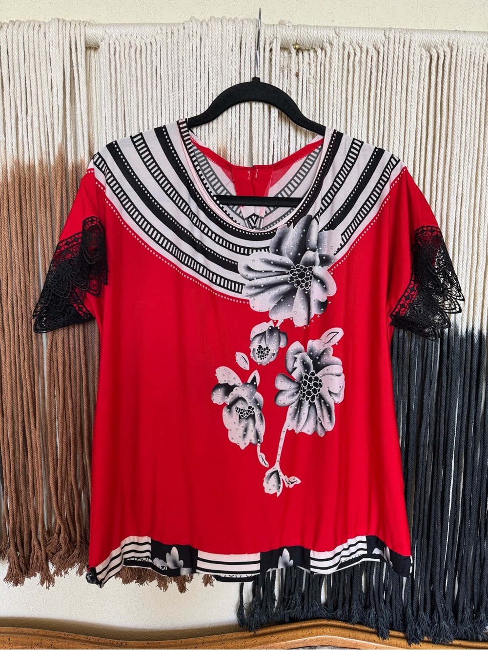 Red + black floral print blouse with rhinestone accents and lace details